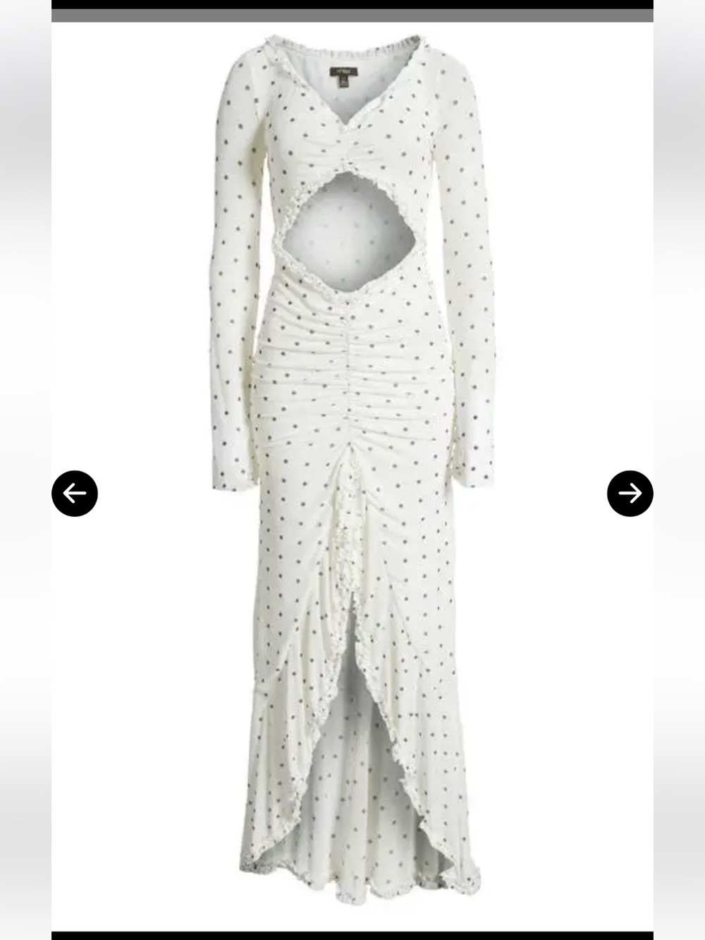 AFRM White Long-Sleeve Ruched Cutout Maxi Dress with Dot Print